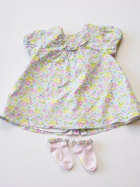 Jacadi Paris Baby Girl Liberty Fabric Dress & Matching Socks Set 6M EUC Ruffle